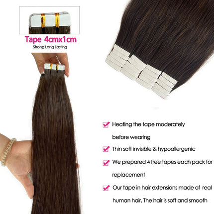 Dark Brown Tape In Hair Extensions Human Hair 20pcs 100% Remy Human Hair Straight Seamless Invisible Tape In Hair Extensions