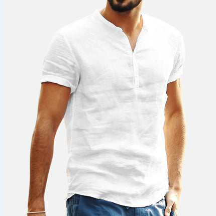Loose Oversized Cotton Linen Short-sleeved Men's T-shirt Collar Buckle Half-open Shirt Korean Fashion Men Clothing New 2020