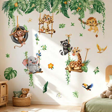 Jungle Animals Wall Stickers for Kids Room, Safari Monkey Giraffe Elephant Lion Wall Decals, Peel and Stick Nursery Wall Decor