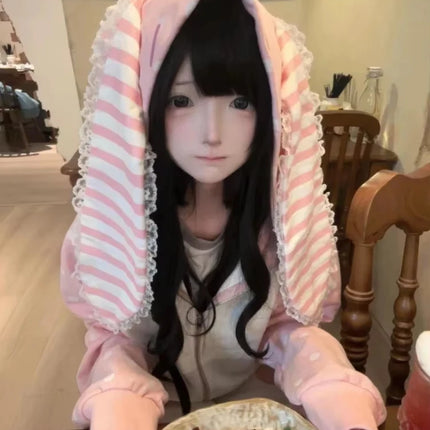 Dot Print Patchwork Women Grunge Hoody Top Rabbit Ears Japanese Kawaii Loose Hoodies Y2k Aesthetic Fairy Strawberry Sweatshirt