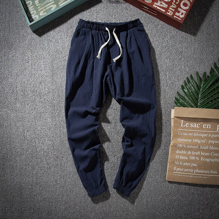 Cotton Linen Harem Pants Men Solid Elastic Waist Streetwear Joggers 2022 New Baggy Drop-crotch Pants Casual Trousers Men Running