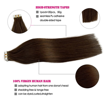 Dark Brown Tape In Hair Extensions Human Hair 20pcs 100% Remy Human Hair Straight Seamless Invisible Tape In Hair Extensions