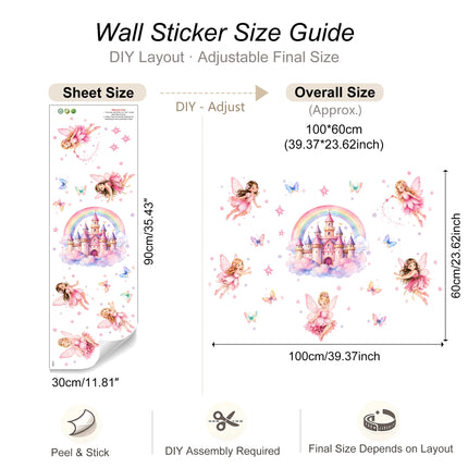 Cute Princess Castle and Fairy Wall Sticker Set,Rainbow Butterfly Wall Stickers,for Girls' Bedrooms - Decor for Kids Rooms