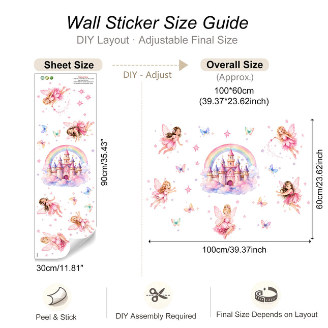 Cute Princess Castle and Fairy Wall Sticker Set,Rainbow Butterfly Wall Stickers,for Girls' Bedrooms - Decor for Kids Rooms
