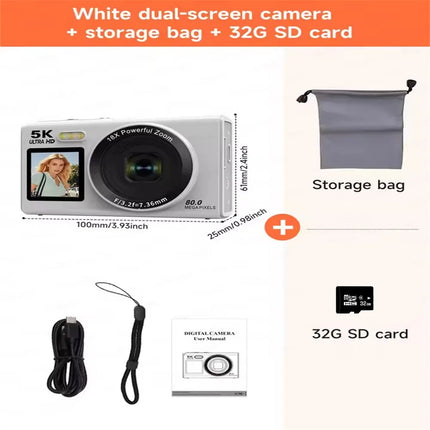 5K Dual Screen Digital Camera 80MP Retro CCD Photographic Cameras 8000W Pixel Auto Focus with 18x Zoom for Kid Adult Photography