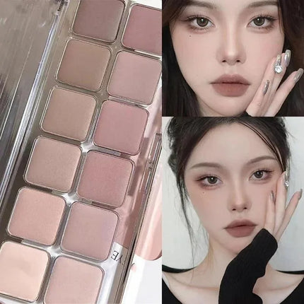12-color eyeshadow palette with earth-toned shimmer and matte finish suitable for daily use