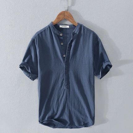 Loose Oversized Cotton Linen Short-sleeved Men's T-shirt with Buckled Collar, Half-open Shirt, Korean Fashion Men's Clothing 2020 New