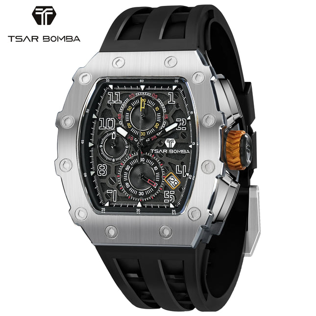 TSAR BOMBA Luxury Tonneau Quartz Watch for Men Japanese Movement, Stainless Steel Case, Elegant Dress Wristwatch