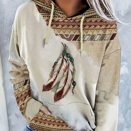 Women's Casual Fashion Round Neck Pullover Sweatshirt Western Ethnic Style Retro Printed Sweatshirt Hoodies