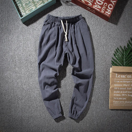 Cotton Linen Harem Pants Men Solid Elastic Waist Streetwear Joggers 2022 New Baggy Drop-crotch Pants Casual Trousers Men Running