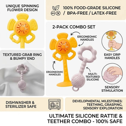Silicone Baby Rattle and Teether Toy Set with Suction Cup Base Flower Shaker Infant Grasping Toy Food Grade BPA Free