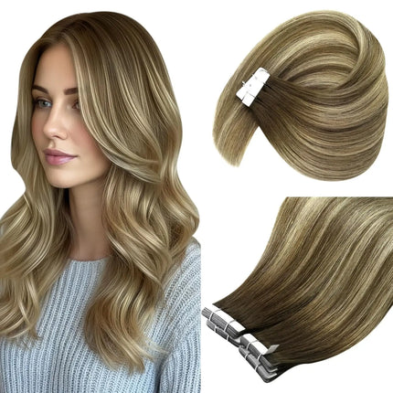 VeSunny Tape in Hair Extensions Human Hair Balayage Color Real Natural Hair Skin Weft Straight Seamless Remy Hair Extensions