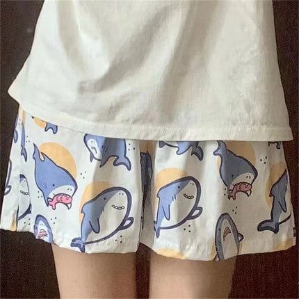 Sleeping Pants Men Cartoon Cute Shark Animal Pattern Loose Lightweight Breathable Elasticated Waistband Pajama Shorts Women