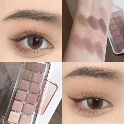 12-color eyeshadow palette with earth-toned shimmer and matte finish suitable for daily use