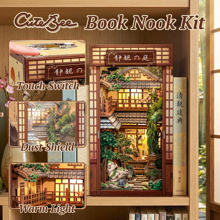 CUTEBEE Book Nook Kit Wooden Doll House 3D Puzzle DIY Miniature House Model with LED Light for Japanese Serene Courtyard