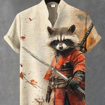 Men's Samurai Hawaiian Shirt Casual Short Sleeve Top Loose Clothing Fashion Retro Summer Shirt