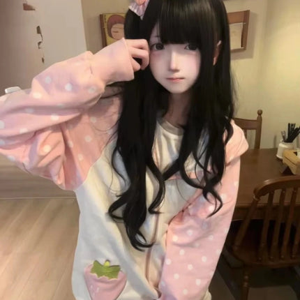 Dot Print Patchwork Women Grunge Hoody Top Rabbit Ears Japanese Kawaii Loose Hoodies Y2k Aesthetic Fairy Strawberry Sweatshirt