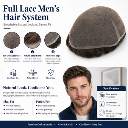 Topunique Full Swiss Lace 90% Light to Medium Light Men Toupee Capillary Prothesis Hair Piece For Men Hair Replacement System