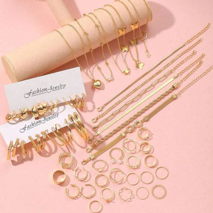 58PCS Set Maximum Mix Gold Plated Metal Jewelry Set Necklace Hoop Earrings Rings Bracelets for Women Accessories No Box Included