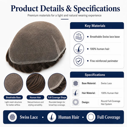 Topunique Full Swiss Lace 90% Light to Medium Light Men Toupee Capillary Prothesis Hair Piece For Men Hair Replacement System