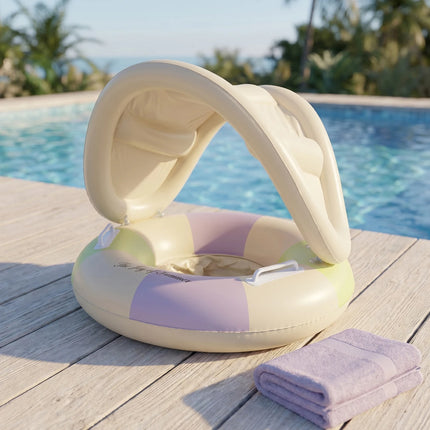 1PC Swimming Ring Inflatables with Detachable Canopy Sun Protection, Stripy Cartoon Float Seat with Handles for Boys Girls