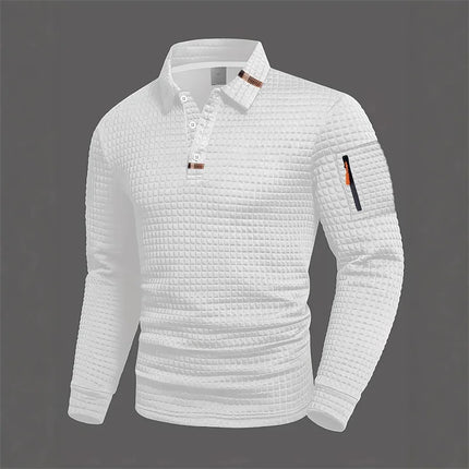 Men's Casual Long-Sleeve Jacquard Solid Color Polo Shirt, Fashionable Autumn/Winter New Style, Casual Men's Clothing, Fast Shipp