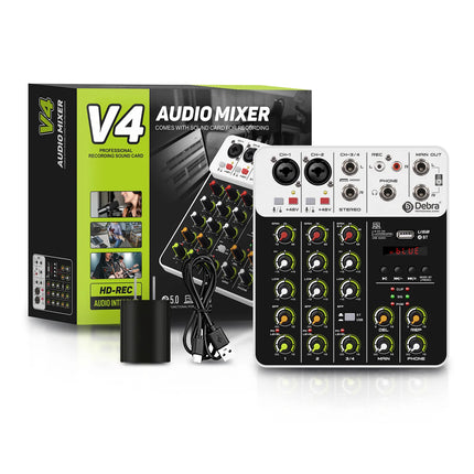 Debra NEW V4 Audio Mixing Console Bluetooth USB Record PC 48V Phantom Power Delay Repaeat Effect 4 Channels USB Audio Mixer.
