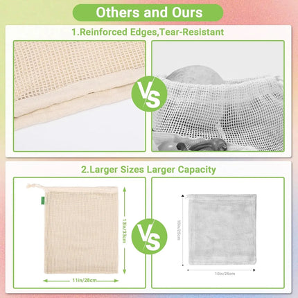 Weedi 3/6pack Reusable Cotton Mesh Produce Bags, Washable Grocery Bag Kitchen Fruit Vegetable Storage Bags Kitchen Organizer