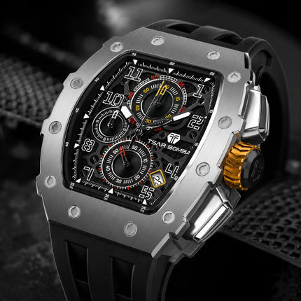 TSAR BOMBA Luxury Tonneau Quartz Watch for Men Japanese Movement, Stainless Steel Case,  Elegant Dress Wristwatch