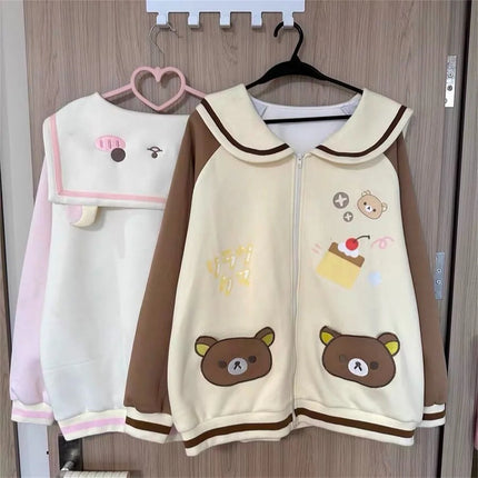 Spring Japanese Cute Cartoon Punk Sailor Collar Patchwork Sweatshirt Women Autumn Winter Loose Long Sleeve Tops Kawaii Hoodie