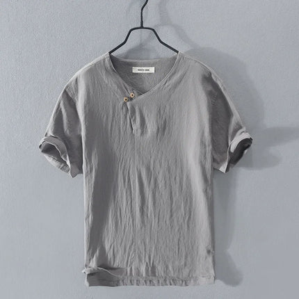 Loose Oversized Cotton Linen Short-sleeved Men's T-shirt Collar Buckle Half-open Shirt Korean Fashion Men Clothing New 2020