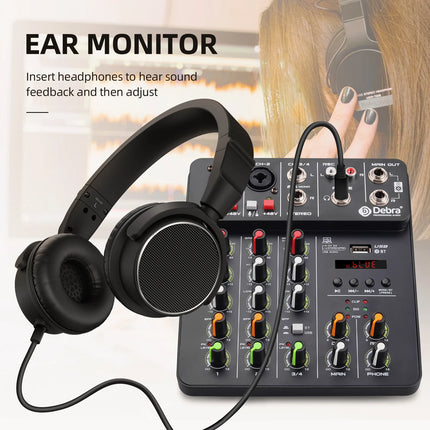 Debra NEW V4 Audio Mixing Console Bluetooth USB Record PC 48V Phantom Power Delay Repaeat Effect 4 Channels USB Audio Mixer.