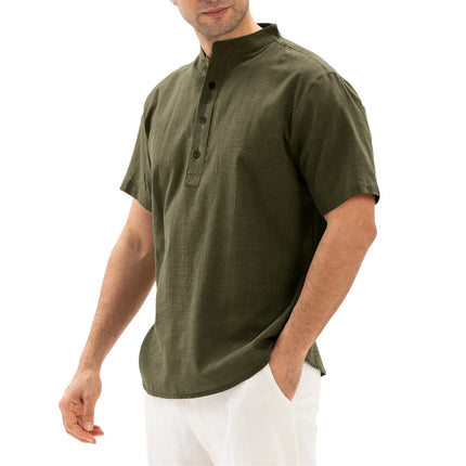 Loose Oversized Cotton Linen Short-sleeved Men's T-shirt Collar Buckle Half-open Shirt Korean Fashion Men Clothing New 2020