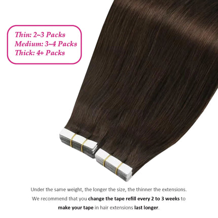 Dark Brown Tape In Hair Extensions Human Hair 20pcs 100% Remy Human Hair Straight Seamless Invisible Tape In Hair Extensions