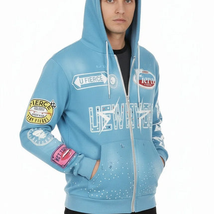 Full-printed Hooded Zipper Sweatshirt with Star Letters Loose and Casual Cardigan for Men