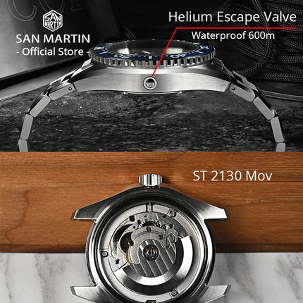 San Martin Upgraded 41mm Waterproof 600m Classic Men Diver Watch Helium Escape Valve ST 2130 Automatic Mechanical Watches SN0036