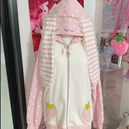 Dot Print Patchwork Women Grunge Hoody Top Rabbit Ears Japanese Kawaii Loose Hoodies Y2k Aesthetic Fairy Strawberry Sweatshirt