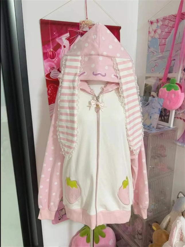 Dot Print Patchwork Women Grunge Hoody Top Rabbit Ears Japanese Kawaii Loose Hoodies Y2k Aesthetic Fairy Strawberry Sweatshirt