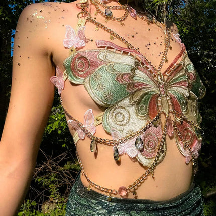 Women's Butterfly Embroidered Top Crystal Chain Sleeveless Cropped Top Camisole Backless Adjustable Sexy Beach Holiday Y2K Top