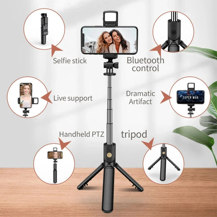 Roreta Portable Tripod Bluetooth Selfie Stick Retractable Multifunctional Phone Holde With Selfie light Wireless Remote