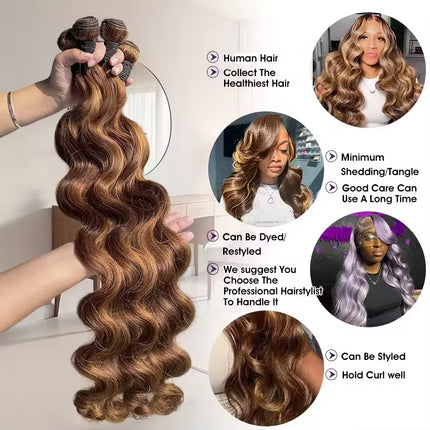 Human Hair Bundles Body Wave Bundles Remy 4/27 Highlight Hair Piano Color Hair Honey Blonde Highlight  1 2 3 4 Bundles For Women