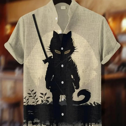 Men's Samurai Hawaiian Shirt Casual Short Sleeve Top Loose Clothing Fashion Retro Summer Shirt
