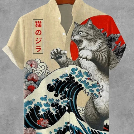 Men's Samurai Hawaiian Shirt Casual Short Sleeve Top Loose Clothing Fashion Retro Summer Shirt