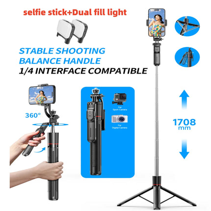 FANGTUOSI 1.7M wireless convenient remote control selfie Handheld gimbalstick tripod foldable stand with light smartphone stand