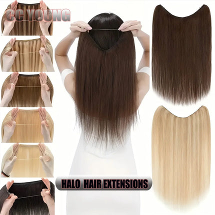 Real Human Hair Halo Hair Extensions with Invisible Wire Adjustable Band Secret Clip-in Extensions for Women 2 Oz Medium Brown
