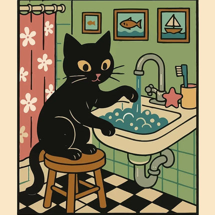 Cute Wash Paws Cat Canvas Print Kawaii WashRoom Bathroom Nursery Wall Art Poster for Modern Living Room Bedroom Home Decor