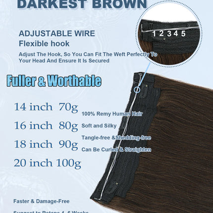 Real Human Hair Halo Hair Extensions with Invisible Wire Adjustable Band Secret Clip-in Extensions for Women 2 Oz Medium Brown