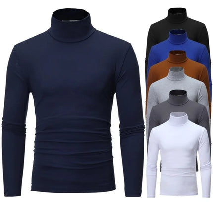 2026 Spring New Men's Turtleneck T-shirt Long Sleeve Slim Fit Solid Color High Elastic Bottoming Pullovers Basic Style Male Tops