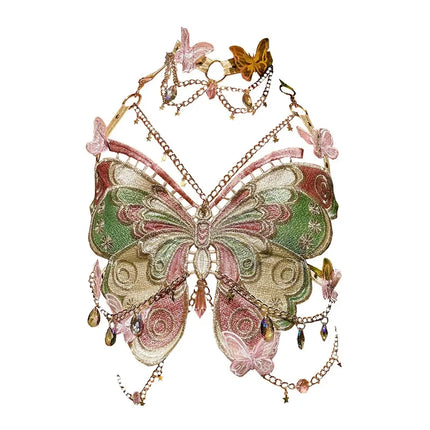 Women's Butterfly Embroidered Top Crystal Chain Sleeveless Cropped Top Camisole Backless Adjustable Sexy Beach Holiday Y2K Top