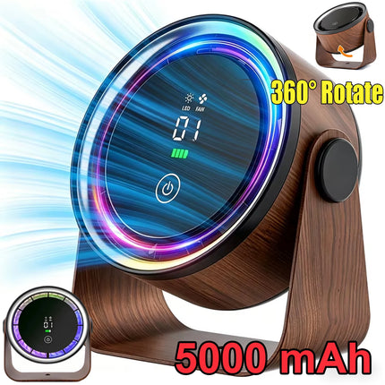 Large Capacity Rechargeable Desktop Fan 5000 mAh Mini Table Fan with 5-Speed 360° Rotation Wall-Mounted with Night Light